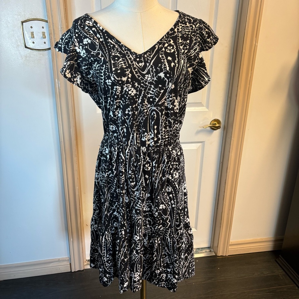 LOFT Black and White Ruffled Mini Dress